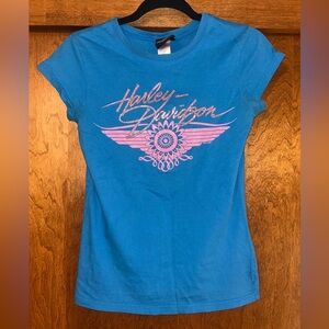 Harley-Davidson Vibrant Blue Tee with Sparkling Pink Script